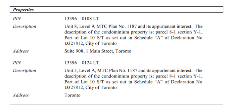 Chart of properties listed in the registered claim for lien that might appear in example of a unit and a parking space