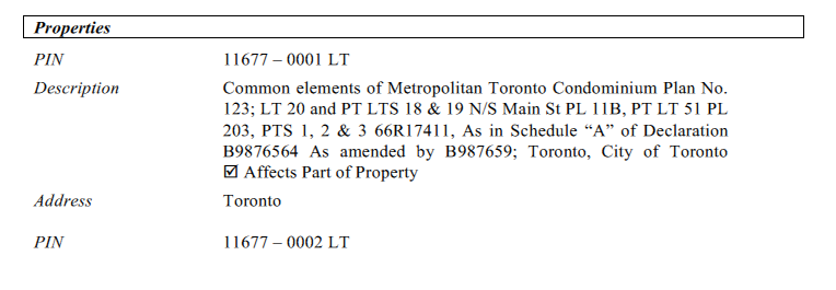 Chart of registered claim for lien in the example of a fictitious 200 unit condominium
