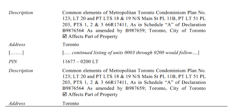 Chart of registered claim for lien in the example of a fictitious 200 unit condominium